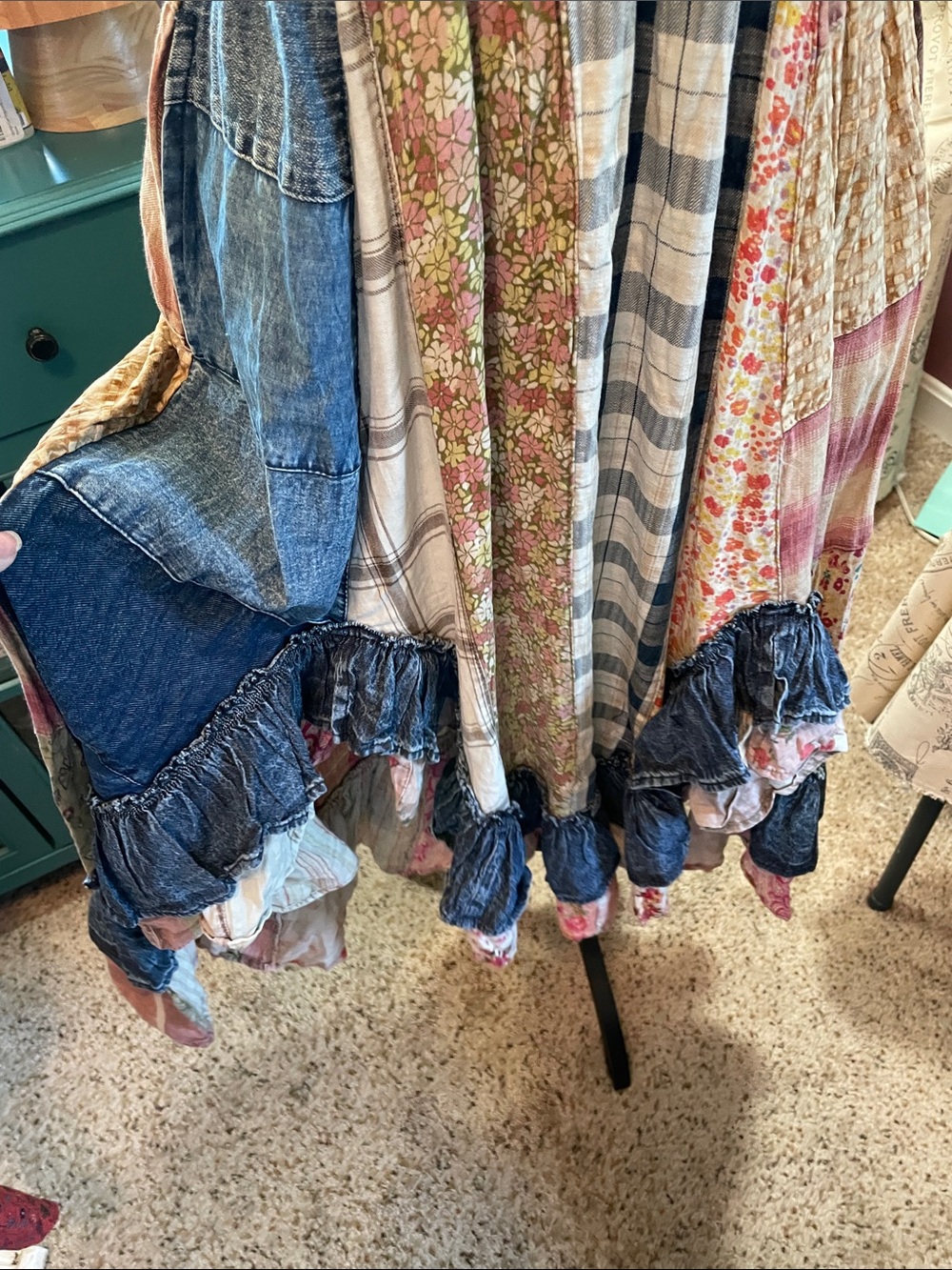 Smocked Denim Bohemian Patchwork Midi Dress in Blue Young Threads - Picture 6 of 17